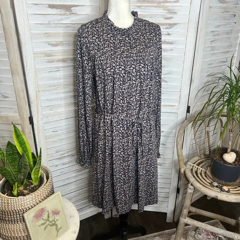 BODEN Women's 10R Long Sleeve Belted Shift Ditsy Floral Dress Beige Black Retro - Picture 3 of 15